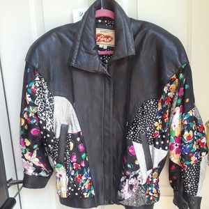 Avanti Black Leather & Silk Print Zippered Jacket